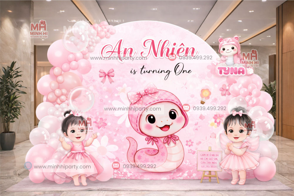 Backdrop trang trí thôi nôi bé gái Tuổi Tỵ 