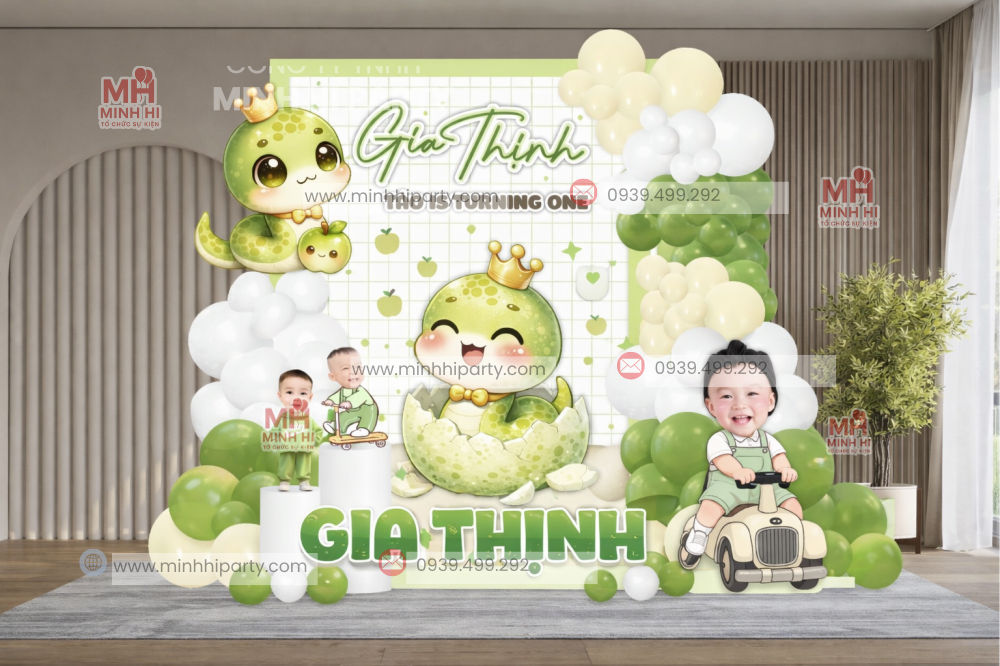 Backdrop thôi nôi bé tuổi Tỵ phong cách sang trọng tone xanh 