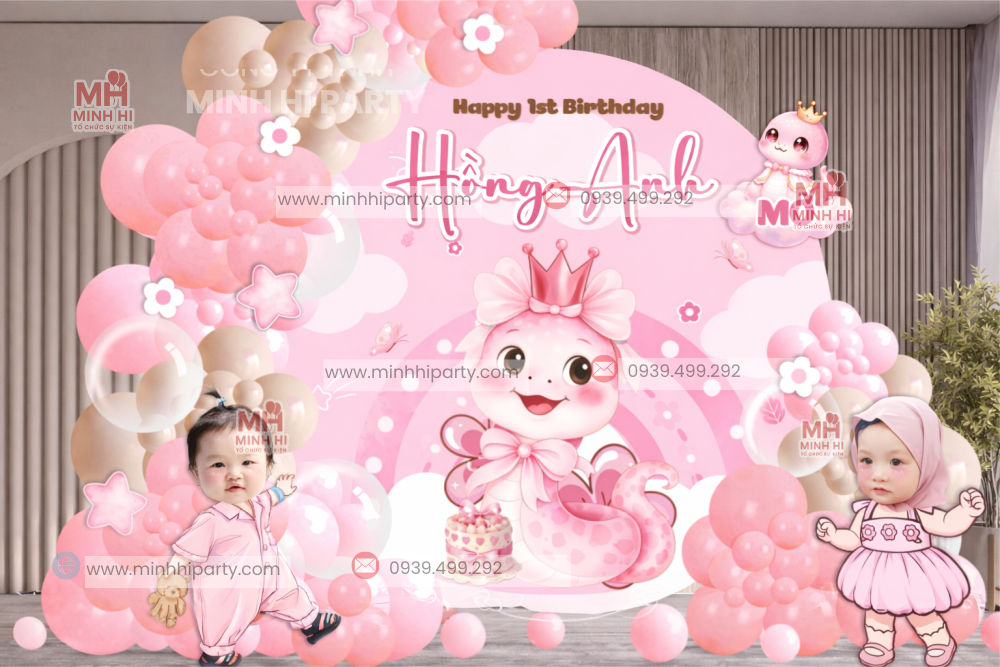 Backdrop thôi nôi bé tuổi Rắn kết hợp bong bóng nghệ thuật