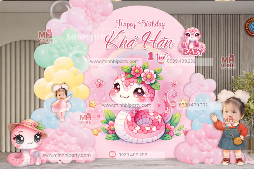 Backdrop thôi nôi bé tuổi Rắn phong cách pastel 