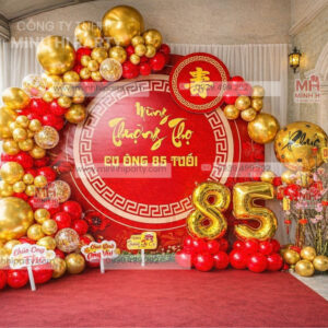 Background trang trí mừng thọ tone đỏ vàng Gold