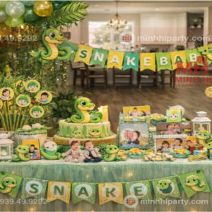 ban trang tri thoi noi be trai tuoi ran Bàn trang trí thôi nôi bé trai tuổi rắn với tone xanh lá