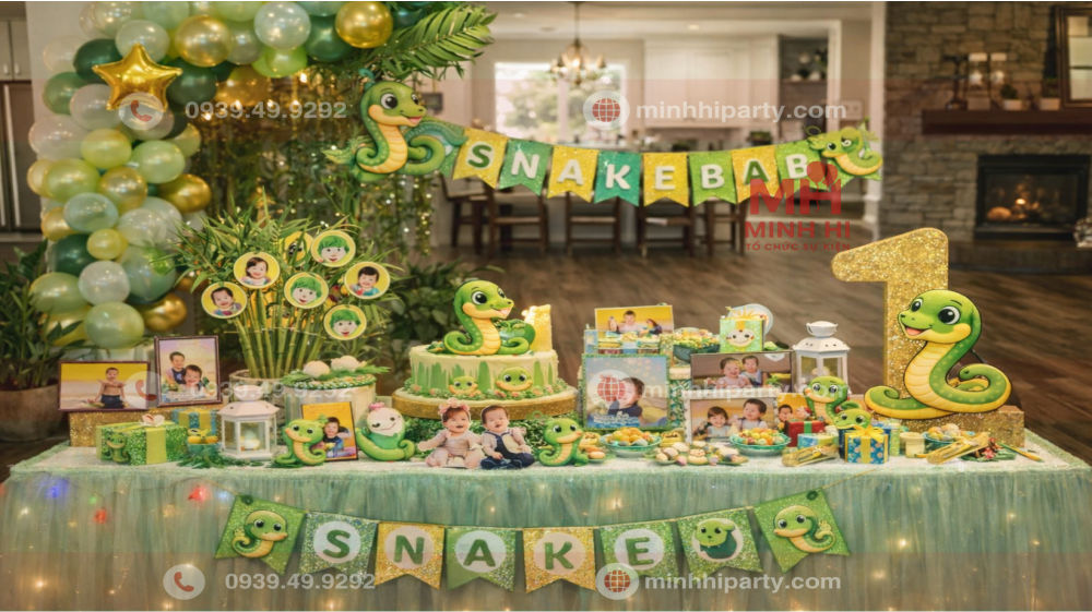 ban trang tri thoi noi be trai tuoi ran Bàn trang trí thôi nôi bé trai tuổi rắn với tone xanh lá