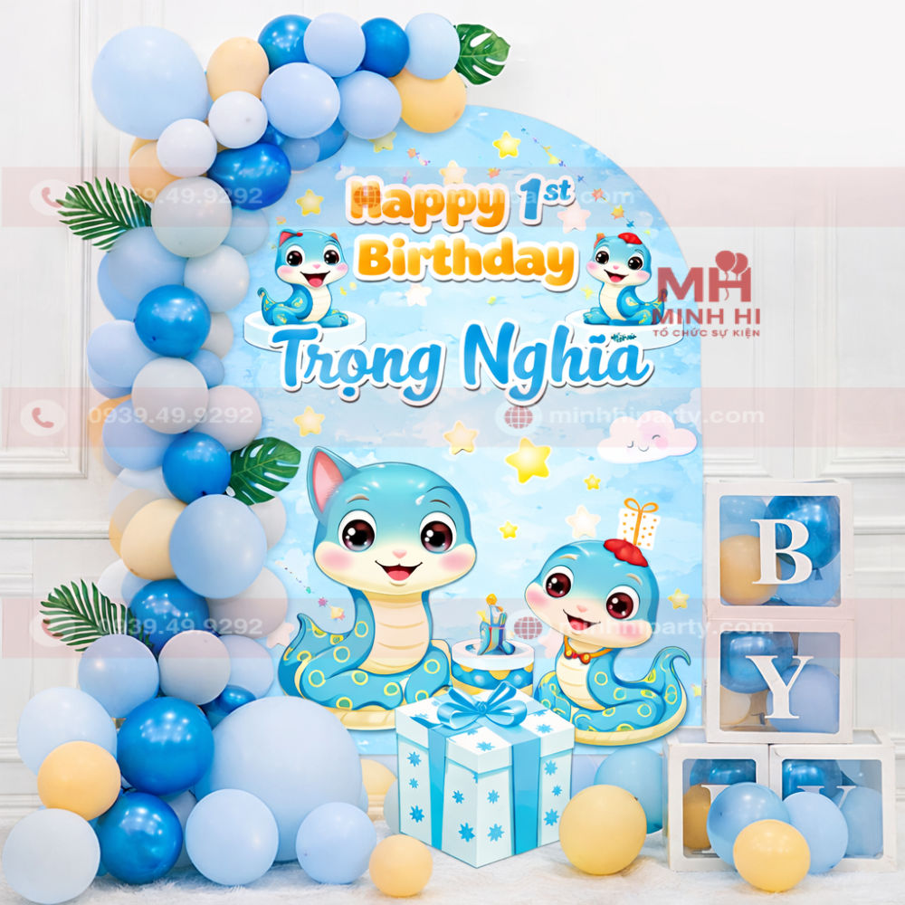 Ý tưởng trang trí thôi nôi bé trai chủ đề tuổi rắn cho bé Trọng Nghĩa