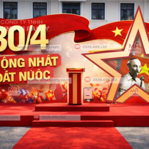 Mẫu trang trí 30/4 thiết kế hiện đại với dãy cờ đỏ sao vàng ấn tượng