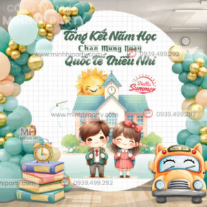Mau trang tri tong ket nam hoc ket hop chao mung quoc te thieu nhi Mẫu backdrop trang trí lễ tổng kết khung tròn kết hợp bóng bay ấn tượng