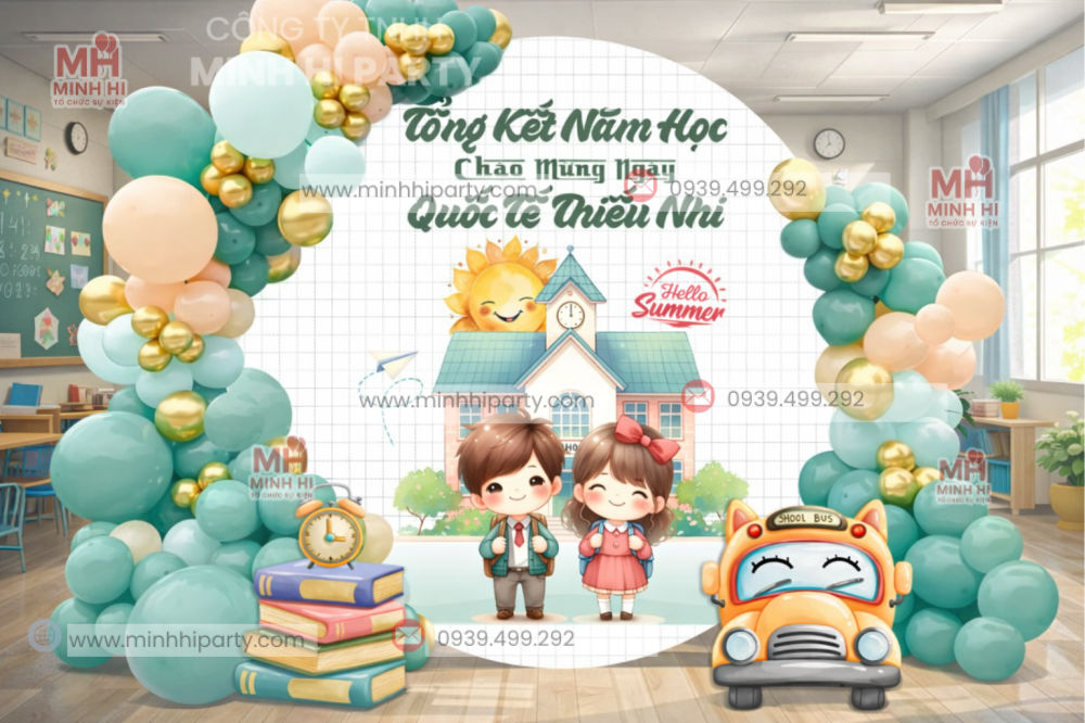 Mau trang tri tong ket nam hoc ket hop chao mung quoc te thieu nhi Mẫu backdrop trang trí lễ tổng kết khung tròn kết hợp bóng bay ấn tượng