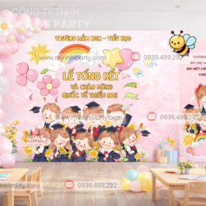 Mau trang tri tong ket nam hoc truong mam non tieu hoc Khung chữ nhật kết hợp bong bóng pastel mang phong cách trẻ trung, nổi bật và bắt mắt.