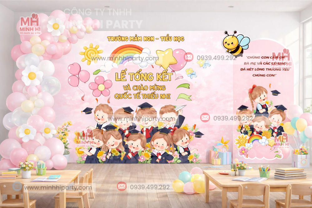 Mau trang tri tong ket nam hoc truong mam non tieu hoc Khung chữ nhật kết hợp bong bóng pastel mang phong cách trẻ trung, nổi bật và bắt mắt.