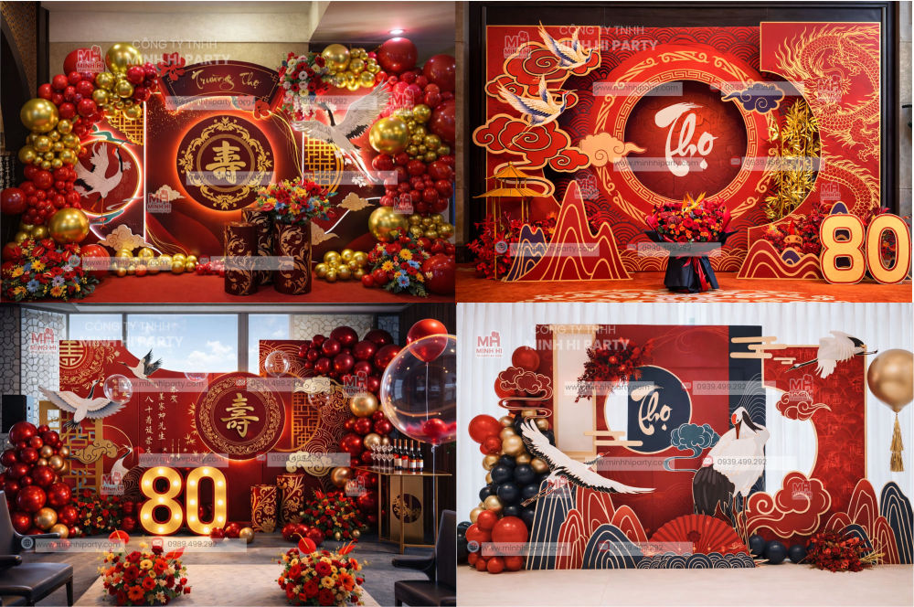 Trang trí mừng thọ bằng bóng bay và hoa lụa tại Minh Hi Party