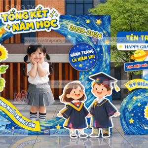 khung checkin le tong ket 2025 2026 Backdrop thiết kế theo màu nhận diện thương hiệu nhà trường