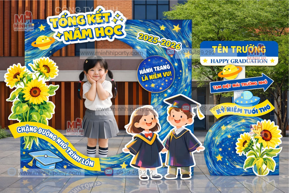 khung checkin le tong ket 2025 2026 Backdrop thiết kế theo màu nhận diện thương hiệu nhà trường