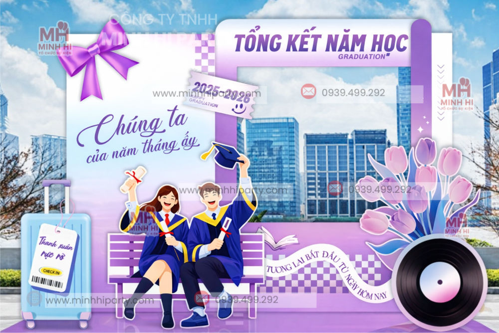 khung photobooth ket hop background le tong ket nam hoc 2025 2026 nho gon Backdrop trang trí tổng kết năm học in PP cán format cao cấp