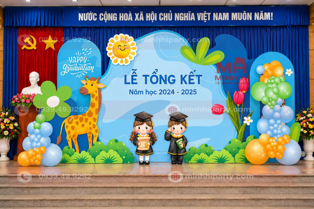 Decor backdrop sân khấu cho trường học kết hợp tiểu cảnh với chi tiết 3D nổi bật