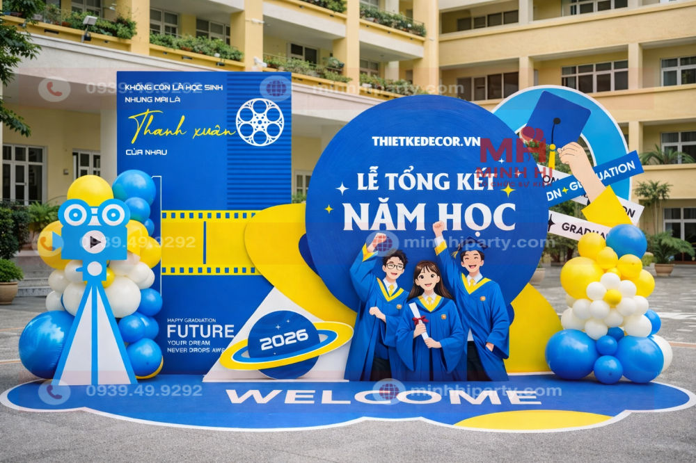 Mẫu trang trí lễ tổng kết năm học với thiết kế hiện đại chi tiết 3D kết hợp bong bóng