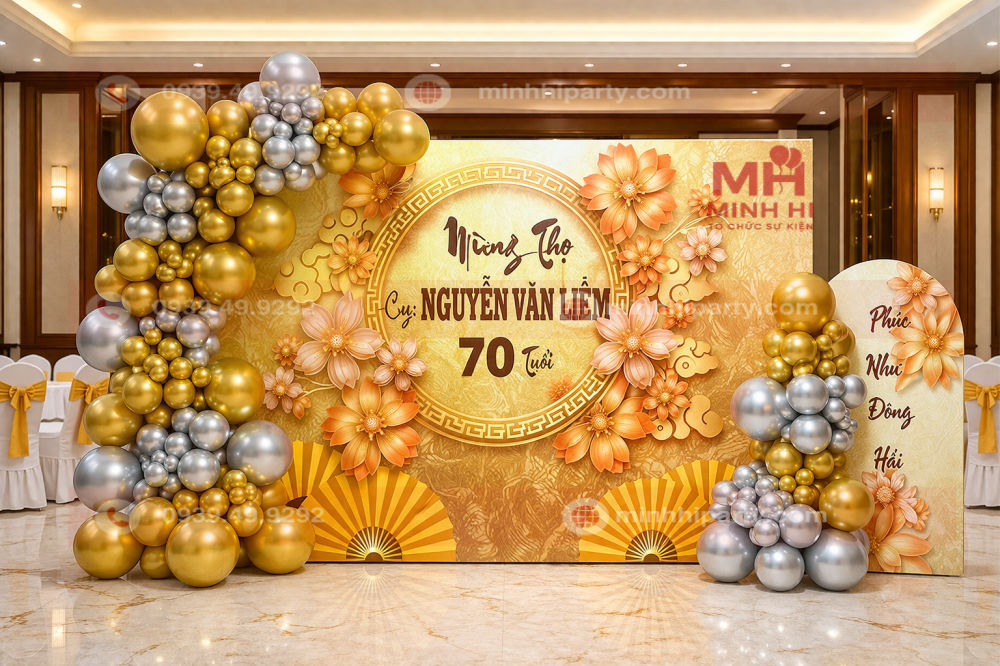 Mẫu trang trí mừng thọ theo tone màu trắng vàng sang trọng