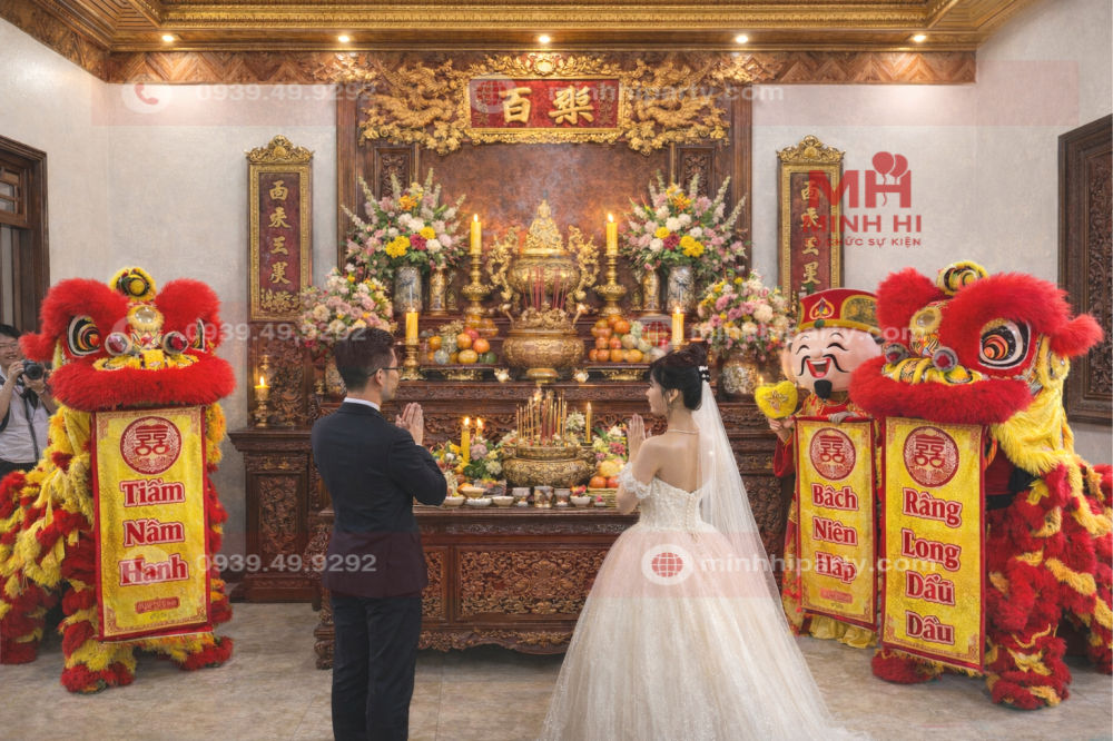 Múa lân đám cưới với nghi thức cúng gia tiên tại nhà