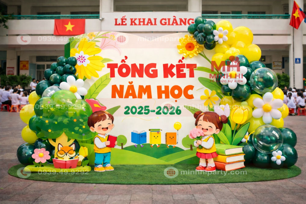 Trang trí backdrop lễ tổng kết cho trường học chủ đề thiên nhiên