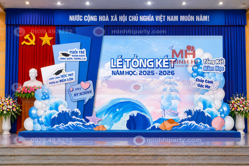 Trang trí sân khấu trường học chủ đề lễ tổng kết nam học