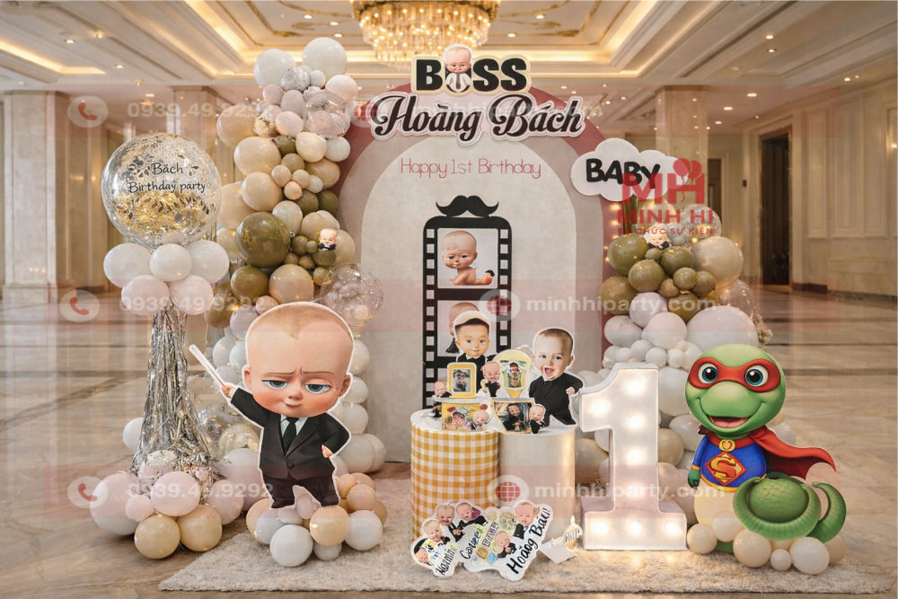 Decor thôi nôi cho bé trai Hoàng Bách tuổi Tỵ với concept Boss