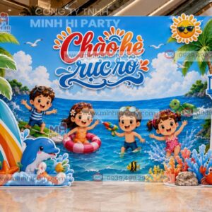 Mẫu Trang Trí Backdrop Hello Summer Cho Trường Mầm Non