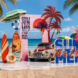 Mẫu Trang Trí Backdrop Hello Summer Kết Hợp Cổng Check-in