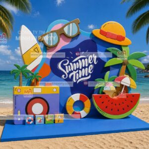 Mẫu Backdrop Chào Hè Kết Hợp Mascot Hoạt Náo