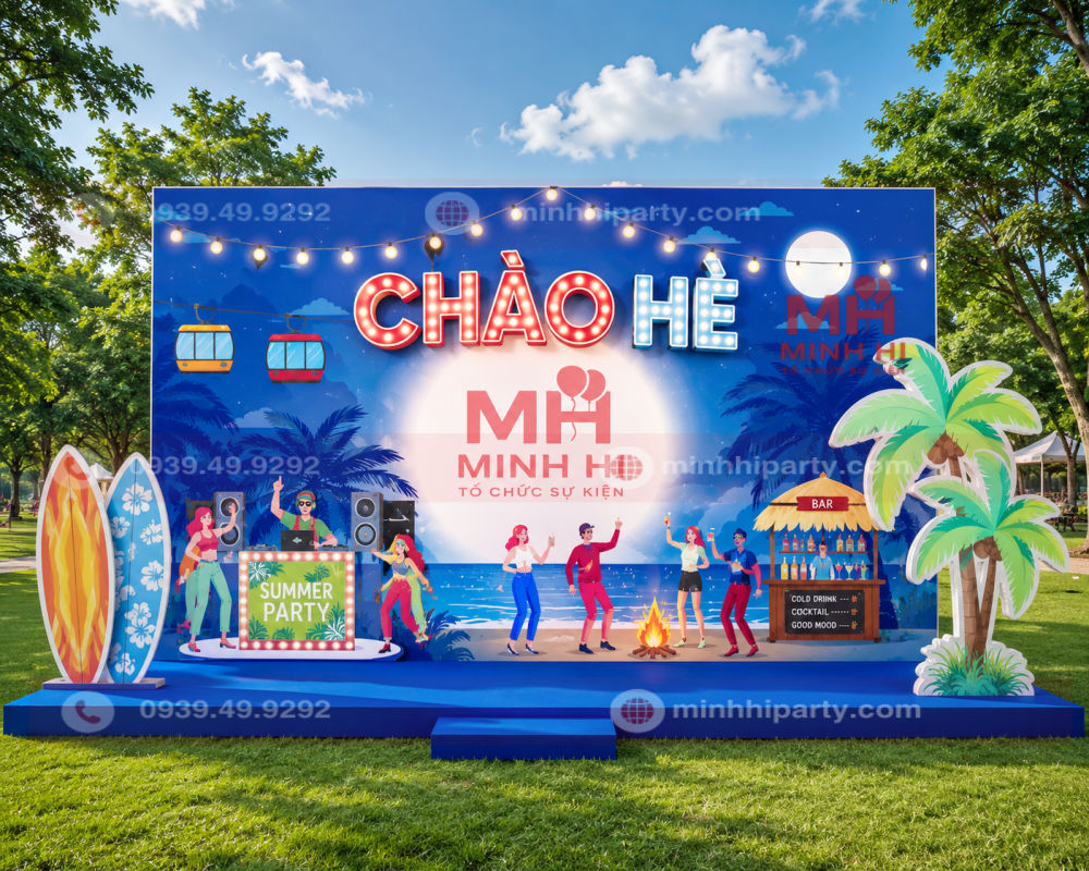 Thiết kế backdrop Hello Summer kết hợp logo doanh nghiệp