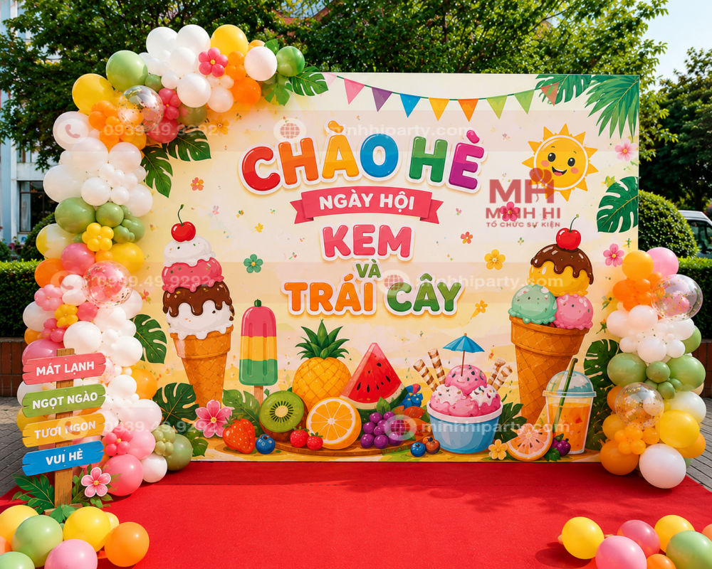 Trang trí backdrop chào hè chủ đề kem và trái cây