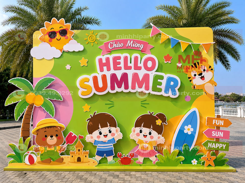 Trang trí backdrop Hello Summer chủ đề hoạt hình
