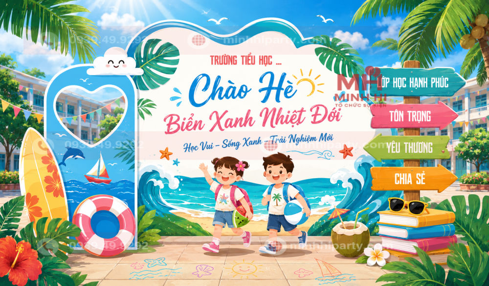 Trang trí backdrop chào hè chuyên nghiệp chủ đề biển xanh nhiệt đới