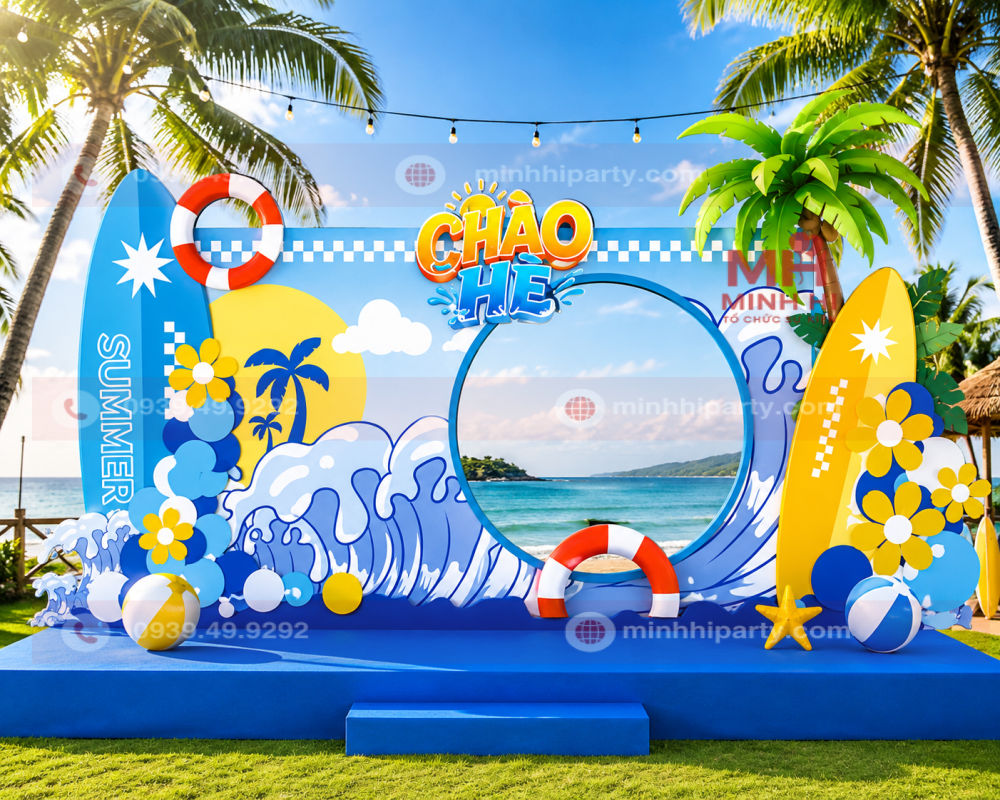Mẫu trang trí backdrop Hello Summer chủ đề tropical với thiết kế 3D nổi bật