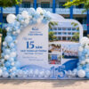 Mẫu trang trí kỉ niệm 15 năm ngày thành lập trường vớ backdrop triển lãm thành tựu