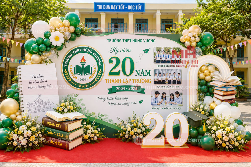 trang tri ki niem 20 nam thanh lap truong voi logo nhan dien thuong hieu Trang trí kỉ niệm 20 năm thành lập trường học với logo nhận diện thương hiệu