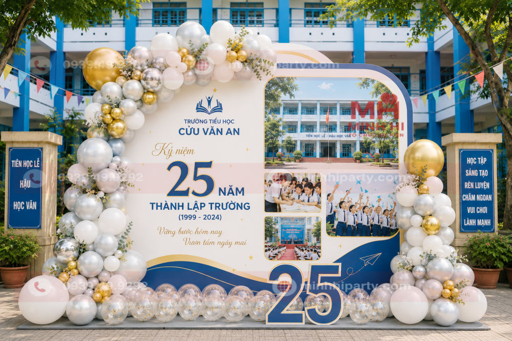 trang tri ki niem 25 nam thanh lap truong hoc concept trien lam truyen thong Trang trí kỉ niệm 25 năm thành lập trường học với concept triển lãm truyền thống