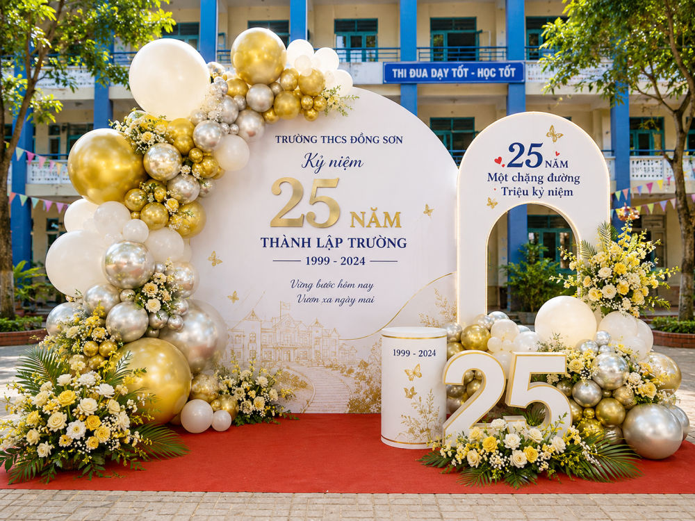 trang tri le ki niem 25 nam thanh lap truong hoc ket hop hoa tuoi Trang trí kỉ niệm 25 năm ngày thành lập trường kết hợp hoa tươi