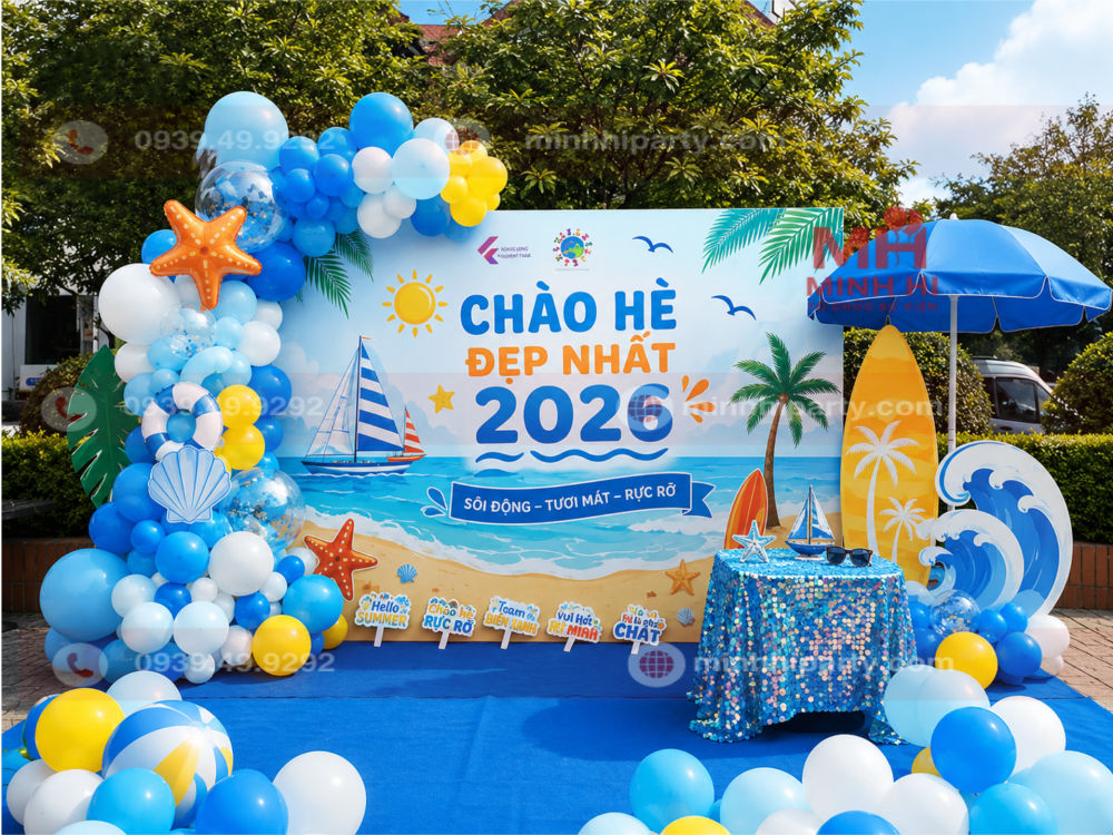 Trang trí chào hè với concept biển xanh rực rỡ có trong 10 ý tưởng trang trí sự kiện chào hè cho trường học đẹp nhất 2026