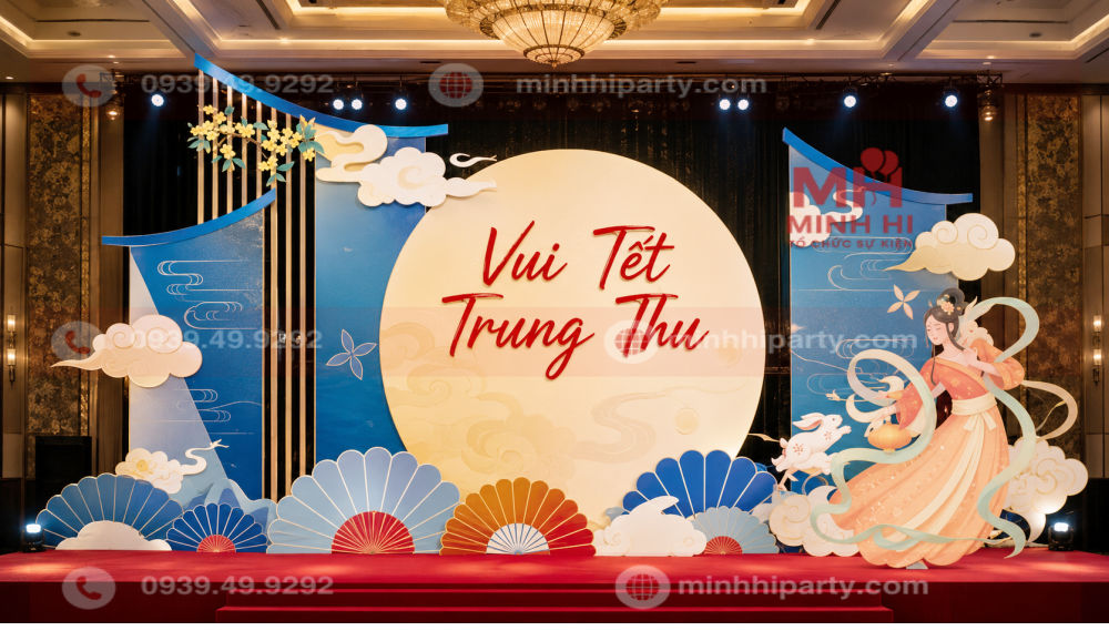 Trang trí sân khấu trung thu với tiểu cảnh hiện đại chị hằng mô hình