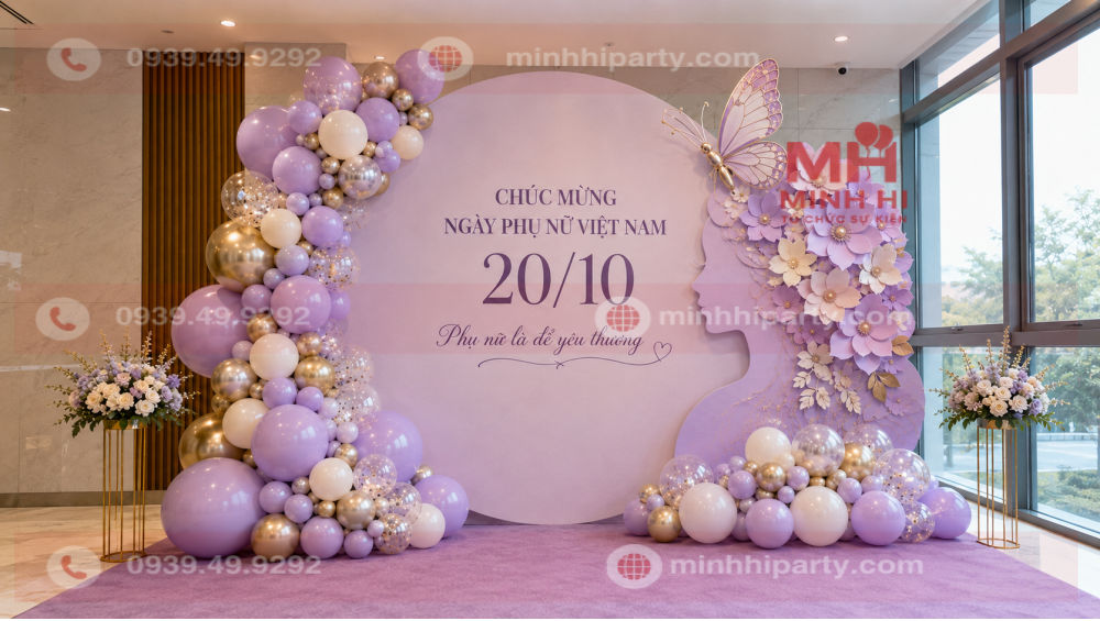 Mẫu decor văn phòng ngày 20/10 thực tế với backdrop tròn và thảm lavender pastel