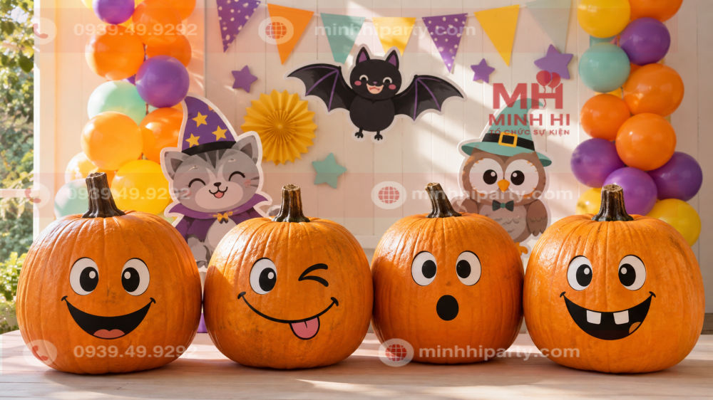 Bí ngô đáng yêu decor Halloween biểu cảm vui nhộn bên bóng bay và nhân vật hoạt hình 