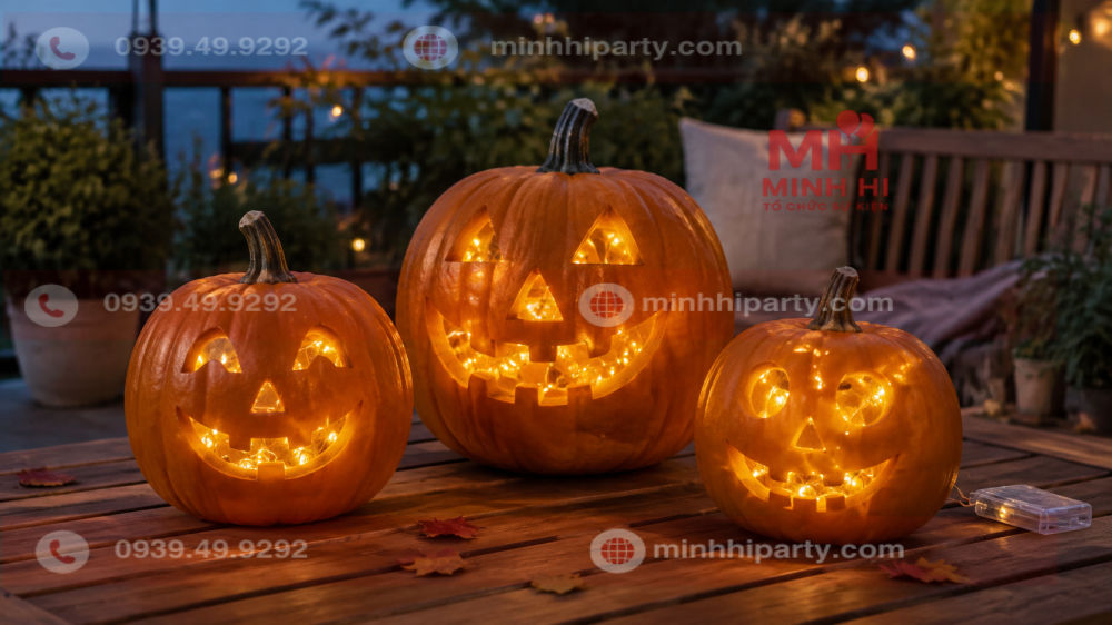 bí ngô gắn đèn LED trang trí Halloween chạy pin phát sáng trên bàn gỗ ngoài ban công.