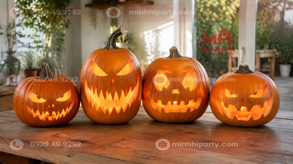 bí ngô ma quái trang trí Halloween khoét mắt sắc, miệng rộng và răng nhọn đặt trên bàn gỗ vào ban ngà