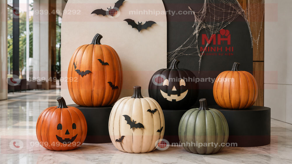 Bí ngô mô hình decor Halloween bằng mút xốp, nhựa và composite được trang trí cùng backdrop Halloween, phù hợp trưng bày lâu dài và tái sử dụng.