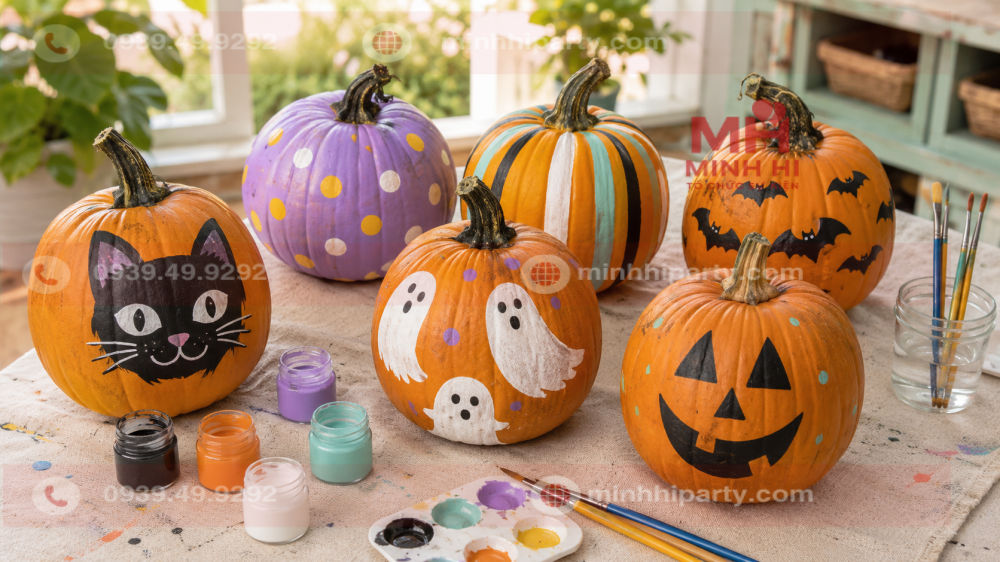 Bí ngô sơn màu trang trí Halloween bằng cọ với họa tiết không khoét hoặc sử dụng dụng cụ sắc nhọn.