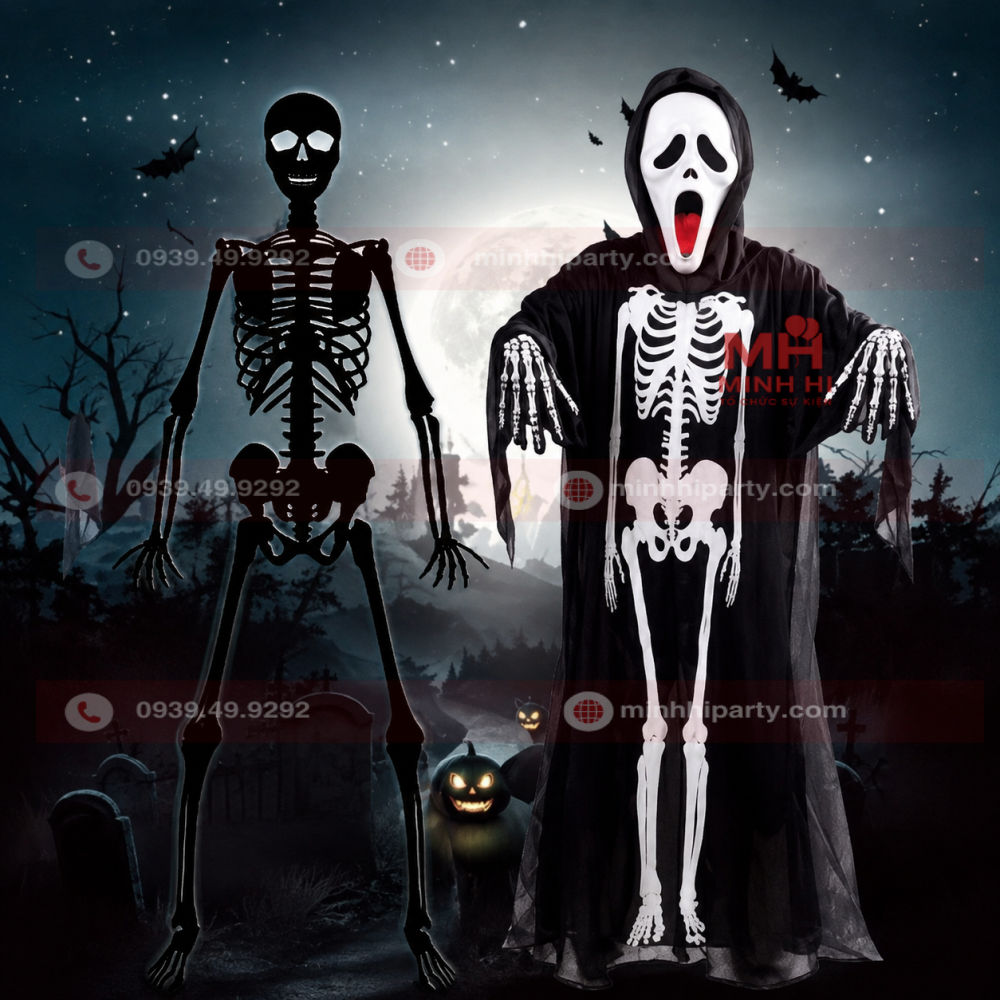 bong ma va bo xuong halloween 2026 Bóng ma và bộ xương trong khung cảnh nghĩa địa Halloween