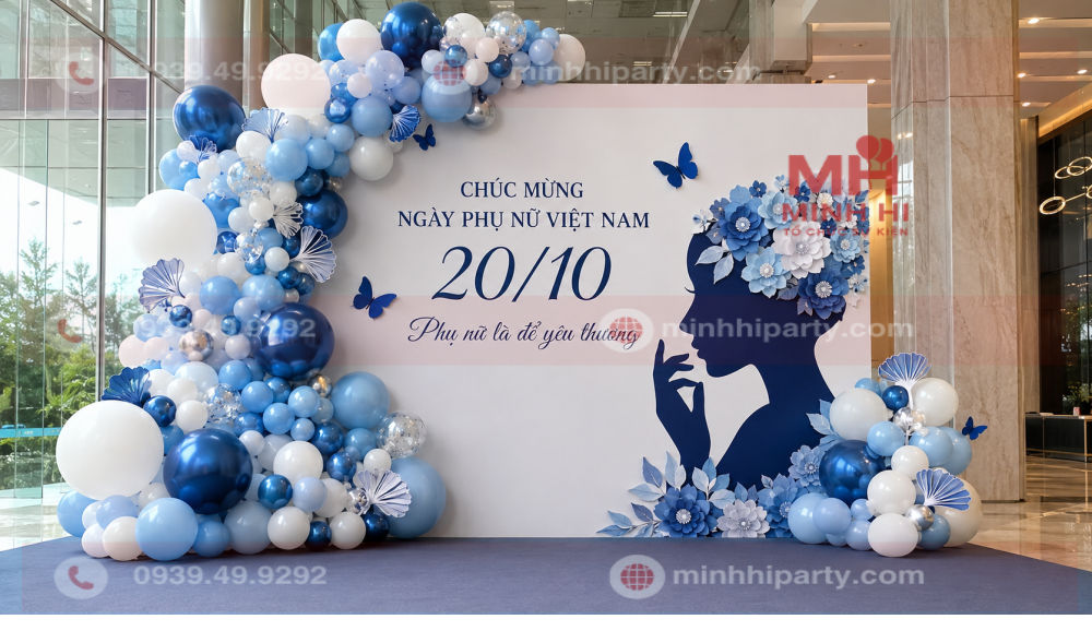 Mẫu trang trí 20/10 tông xanh dương phối trắng dành cho sảnh công ty lớn