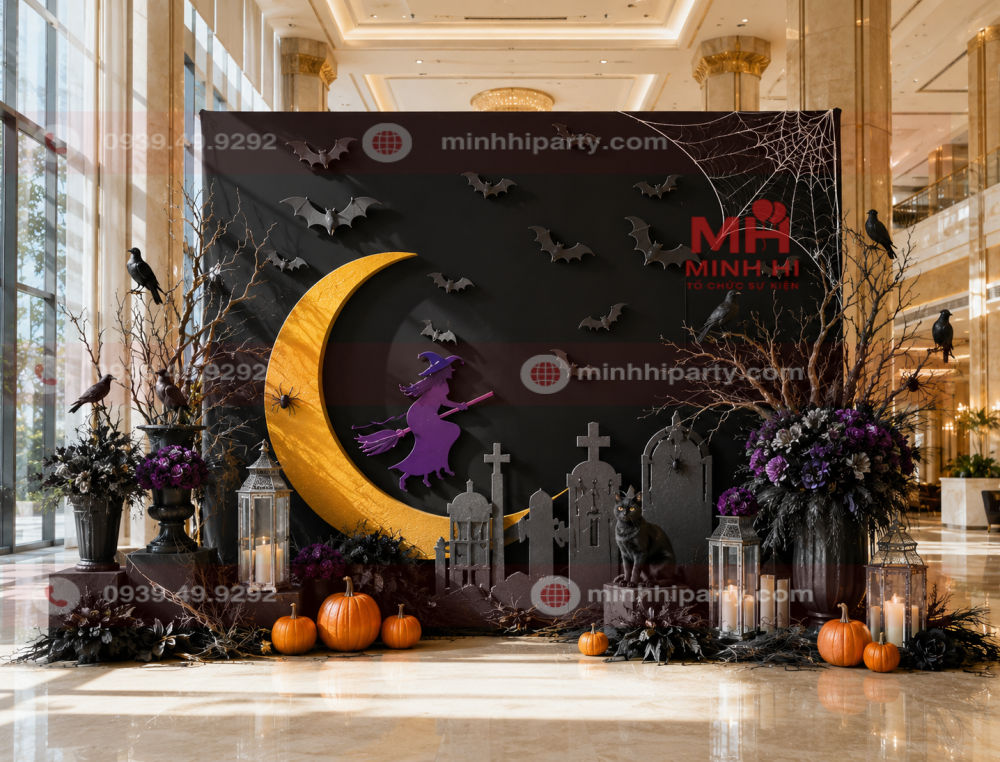 Decor backdrop Halloween màu đen trang trí mặt trăng vàng và phù thủy tím bằng formex 3D