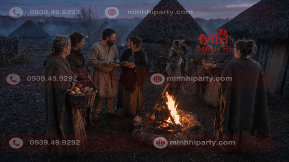 Lễ hội Samhain của người Celt cổ đại bên lửa trại vào cuối mùa thu hoạch