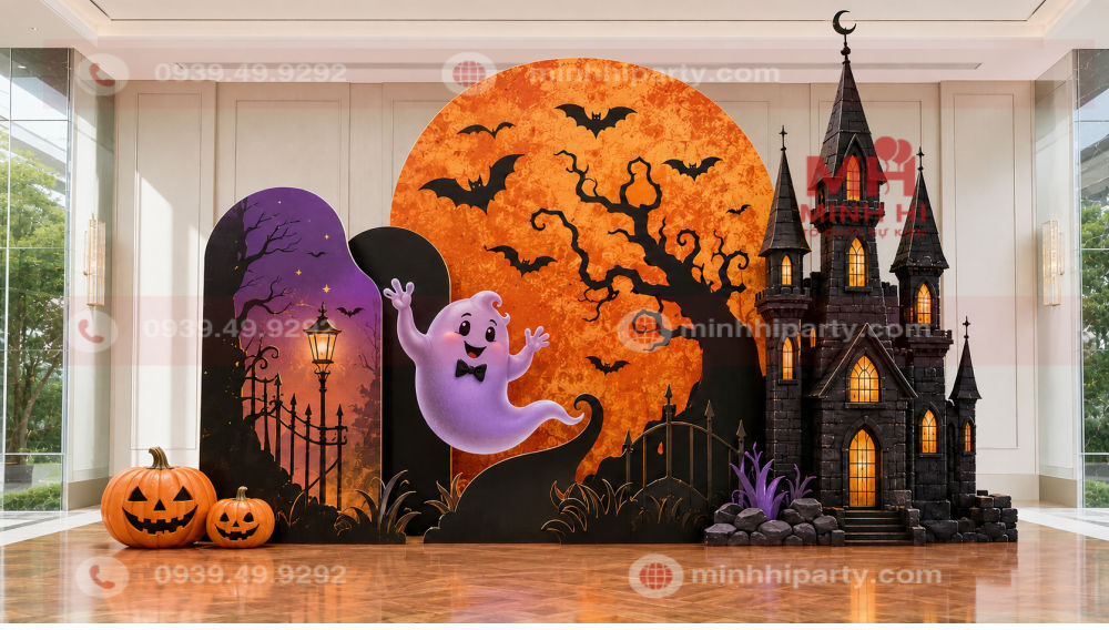 lua chon mau sac trang tri halloween Trang trí Halloween đẹp ban ngày với bóng ma tím, lâu đài Gothic và hai quả bí ngô