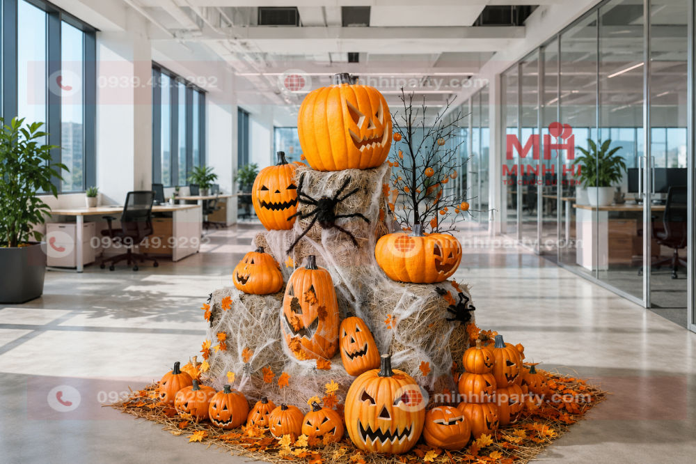 Trang trí Halloween cho doanh nghiệp giữa văn phòng với bí ngô, kiện rơm, ma nhỏ và không gian check-in ngập ánh sáng ban ngày.